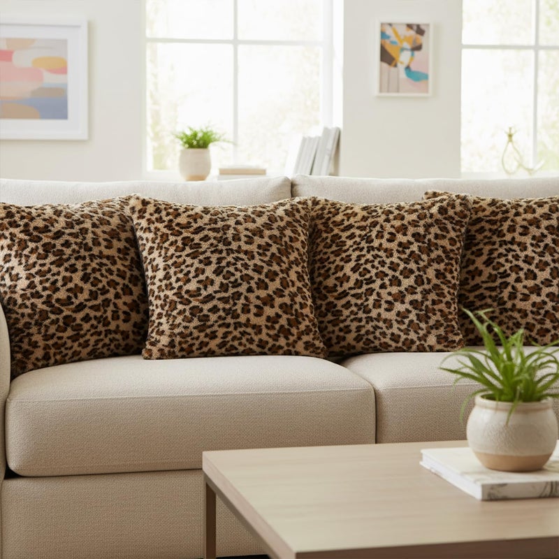 Faylapa 4 Pack Soft Plush Leopard Print Pillow Covers,Animal Theme Print Faux Fur Decorative Throw Pillowcase Home Decor Cushion Cover 18Ã—18 Inches (45Ã—45cm)(Case ONLY) - Image 5